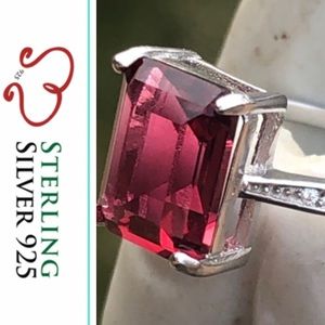 925 Sterling Silver Ring W/ Solitaire Emerald Cut Lab created Ruby Stone
